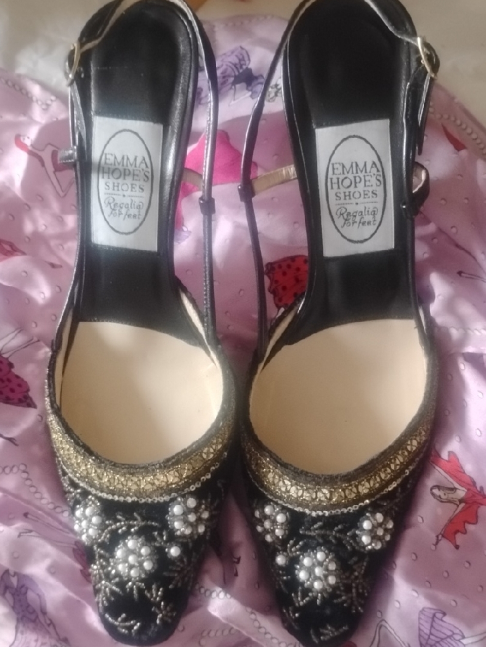 Emma Hope Black Velvet & Gold Beaded Pearl Slingback Heels 38.5 8